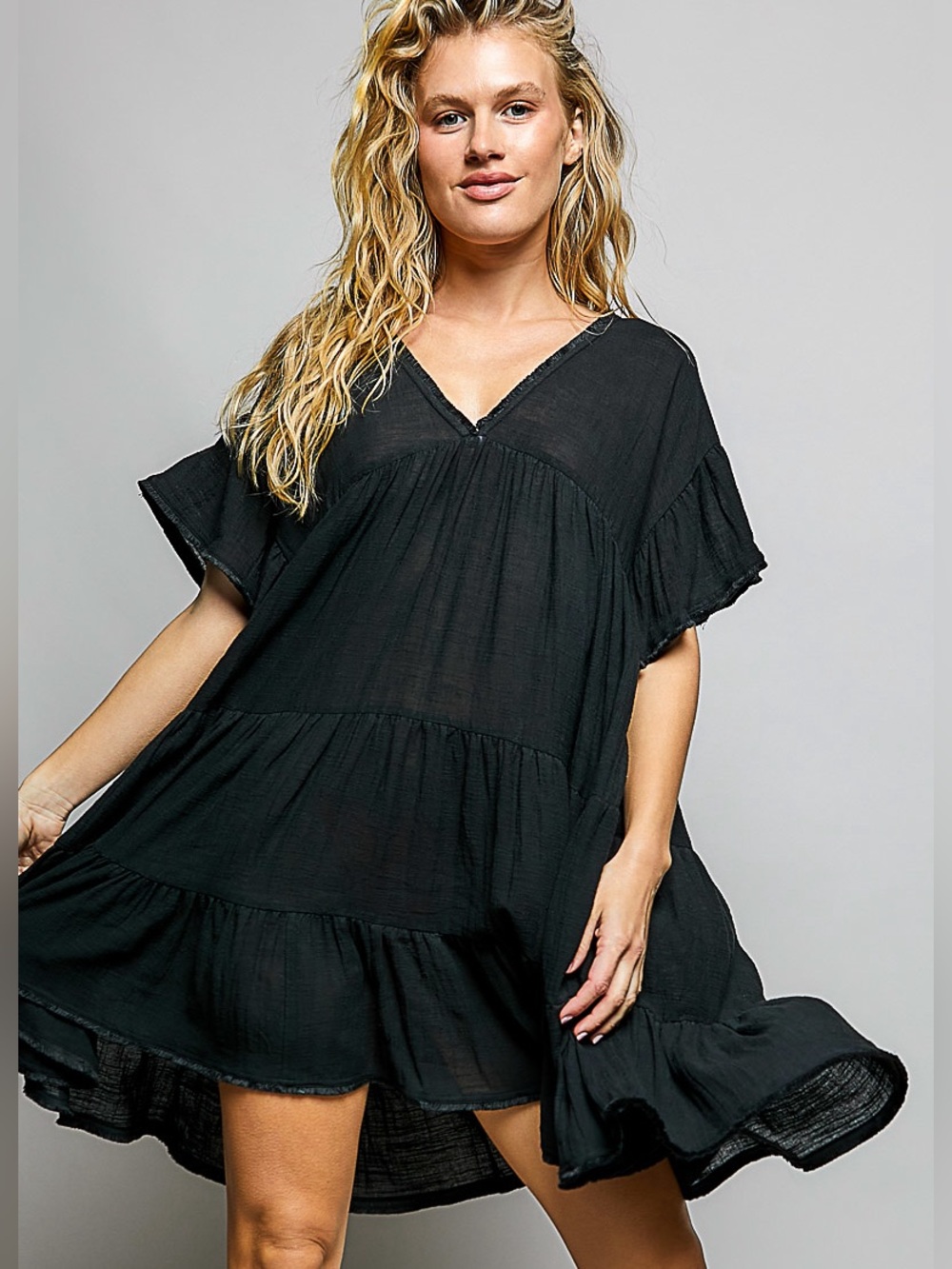 👀 ❤️ POL Ruffle Shirred V-Neck Short Sleeve Cotton Dress